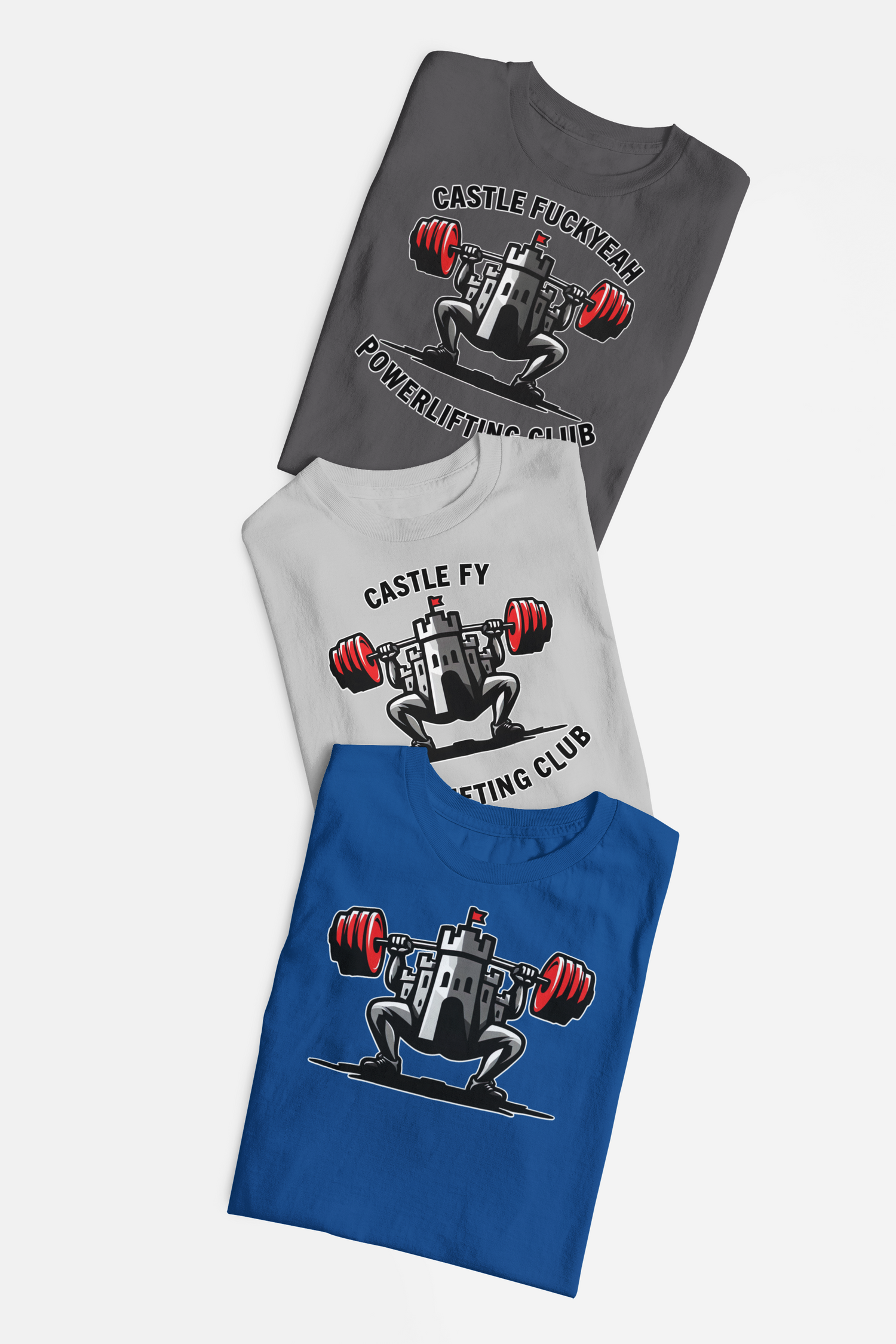 Three Castle FY logo tees stacked vertically: Heritage (black) on top, Foundation (sport grey) middle, Iconic (royal/white) bottom.